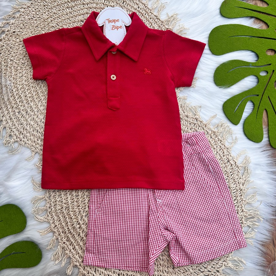 Conj Camiseta gola Polo e Short Xadrez Vermelho